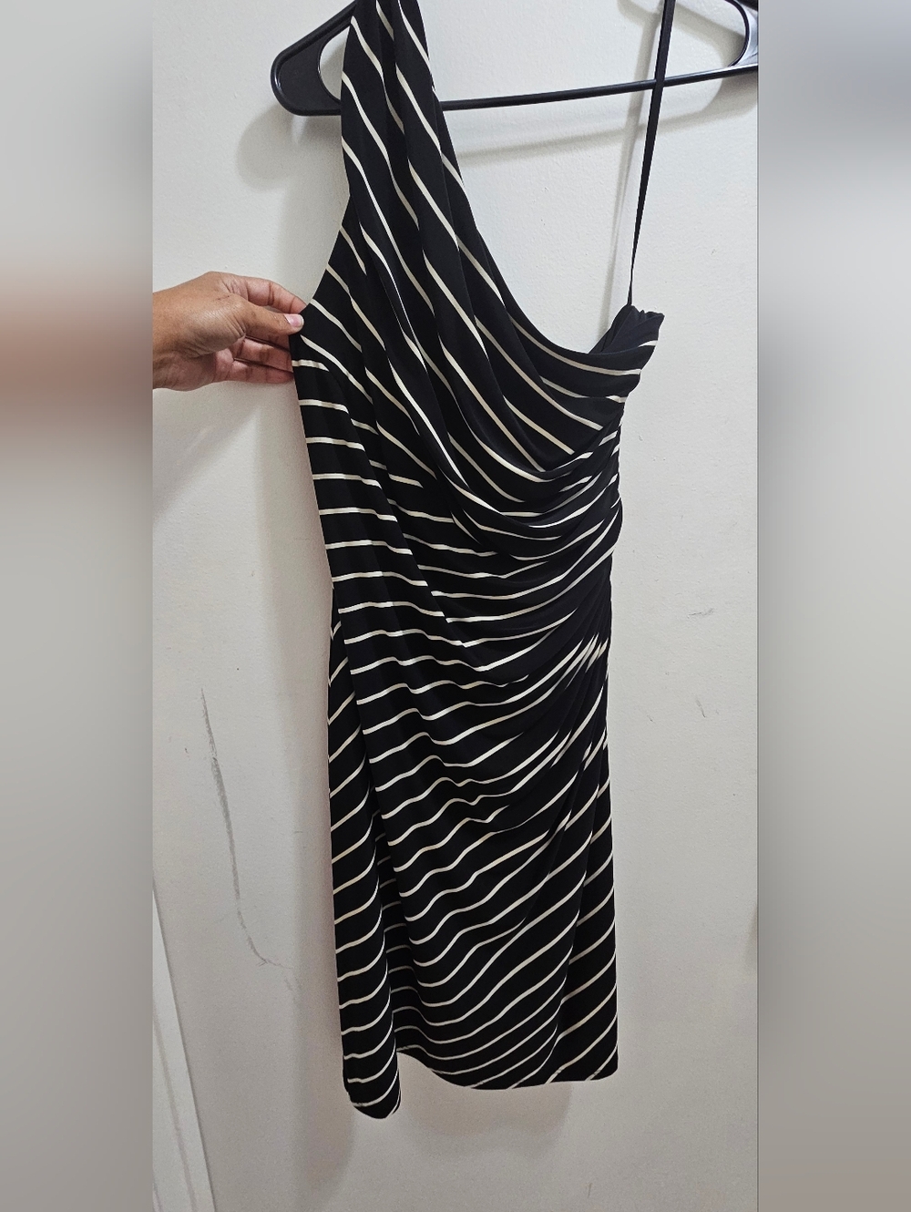 Lauren Ralph Lauren One-Shoulder Black and Off-White Striped Dress